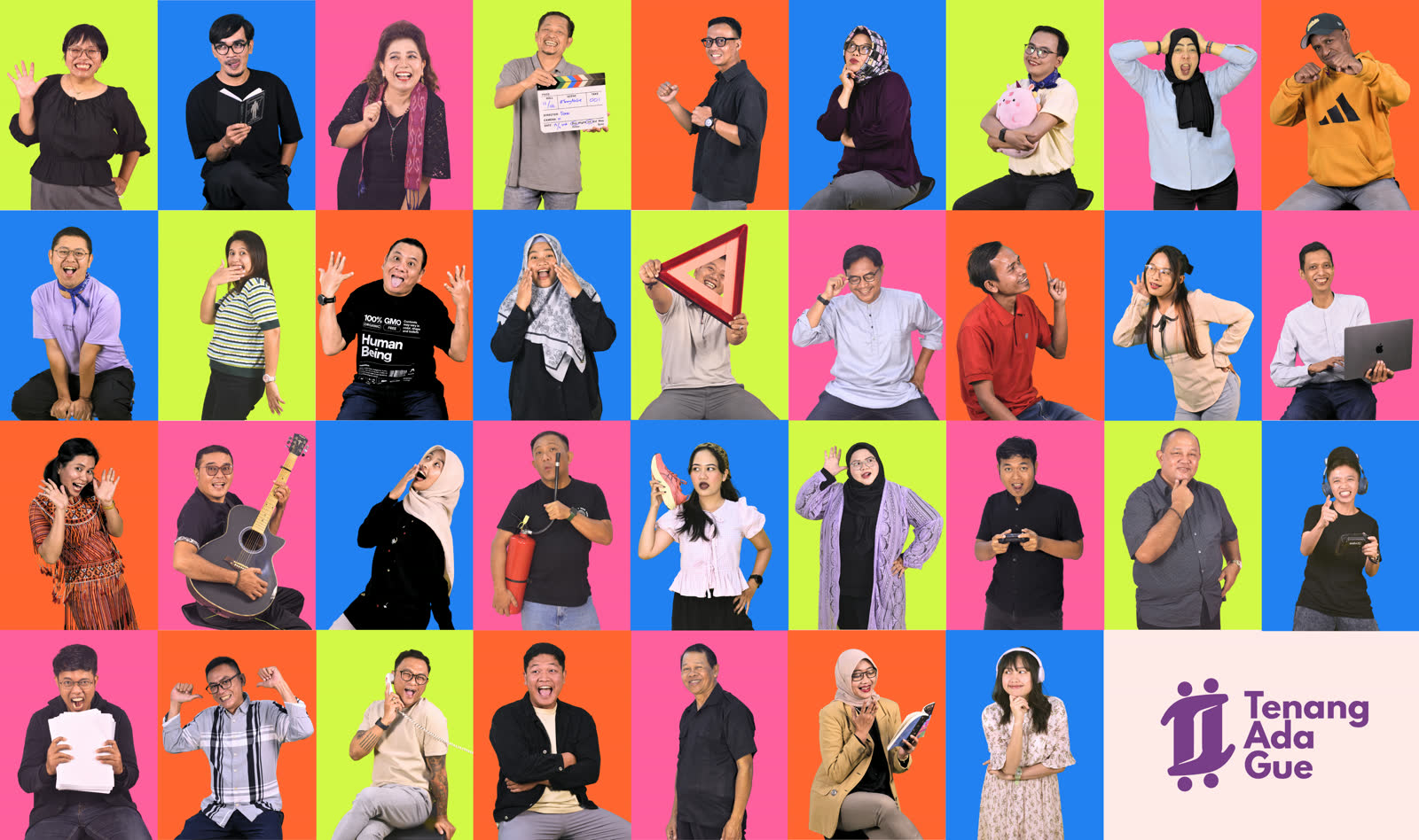 Tim #TenangAdaGue bersama dalam kegiatan kampanye anti-stigma HIV — deretan potret tim dengan latar warna-warni dan logo #TenangAdaGue